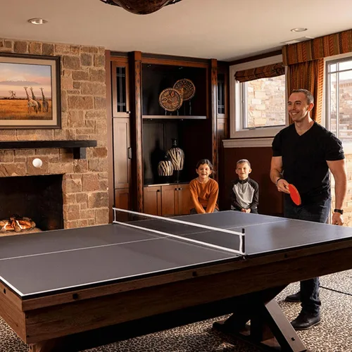 Vista 5 de Mesa de juego multifuncional de 7' 3 en 1 con mesa de billar y mesa de ping pong con tapa para cenar. Incluye banco de almacenamiento dual