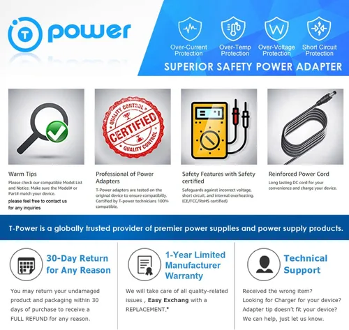 Vista 3 de T-Power - Cargador adaptador de CA CC para Angelcare Bebe Sounds AC201 y AC201-2P para monitor de bebé, adaptador de corriente alterna y corriente