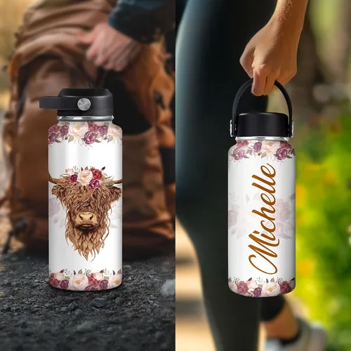 Vista 6 de Hyturtle Botella de agua personalizada de vaca Highland, botella de acero inoxidable aislada con tapa a prueba de fugas, 18 onzas, 32 onzas, regalo