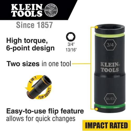 Vista 2 de Klein Tools 66074 Impact Driver Flip Socket, tamaños de 3/4 y 13/16 pulgadas, uso con llaves de impacto compactas Klein Tools BAT20CW, BAT20CW1