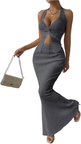 Vista 21 de SOLY HUX - Conjunto de dos piezas de verano para mujer, con parte superior tipo camisola con cuello halter, nudo frontal y falda marrón (Plain Brown)