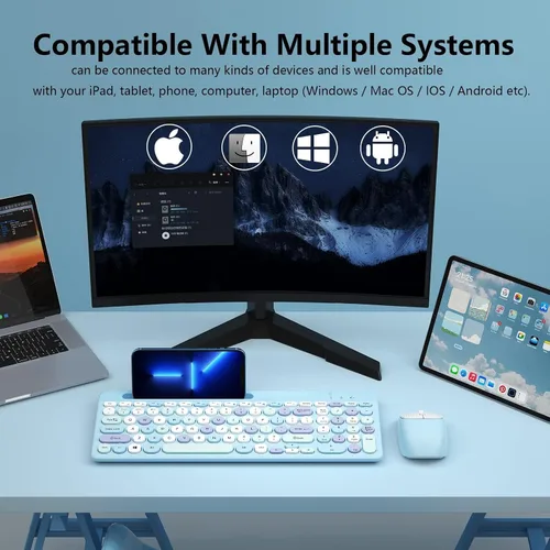 Vista 3 de Combo de Teclado y Ratón Bluetooth Inalámbrico, Juego de Teclado y Ratón Recargable Multidispositivo con Soporte para Teléfono