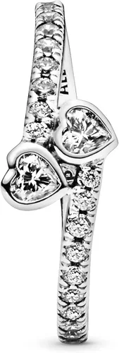 Vista 3 de PANDORA Jewelry - Anillo de circonita cúbica con dos corazones brillantes en plata de ley, Metal, Zirconia cúbica