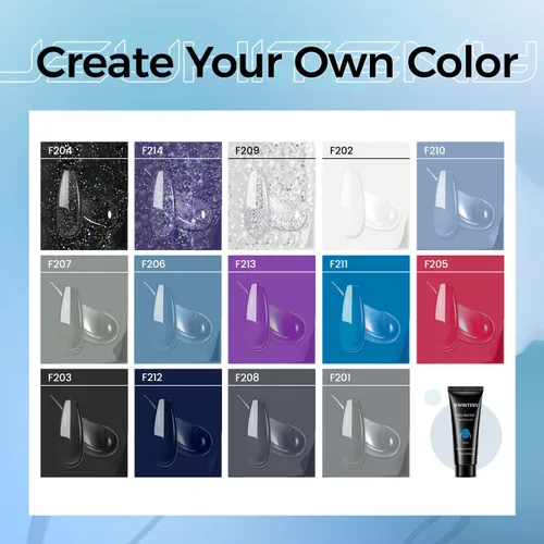 Vista 2 de JEWHITENY - Kit de uñas de gel poli con lámpara UV, 14 colores en tonos púrpura, desnudo, gris, negro, azul y purpurina, kit de iniciación con capa