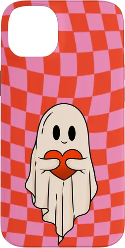 Vista 15 de Funda para iPhone 17 de San Valentín Retro Ghost Hugging Heart Checkerboard Rosa Rojo