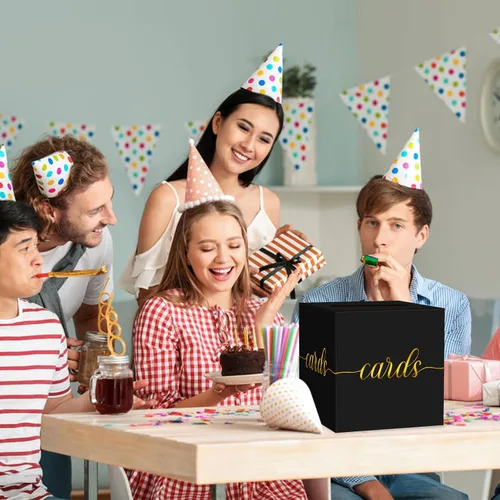 Vista 7 de 1 Paquete Caja de Tarjetas Negra y Dorada para Fiesta, Caja de Tarjetas de Regalo Negra de 8.7" para Cumpleaños, Boda, Baby Shower, Jubilación