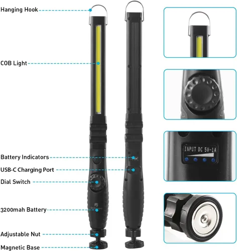 Vista 8 de Dr. Prepare - Luz LED de trabajo, 700 lúmenes, luz de trabajo recargable plegable, 3200 mAh, inalámbrica, portátil, magnética, luz de inspección LED