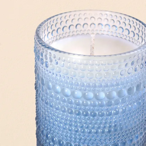 Vista 5 de DEVI Tarros grandes de vidrio azul de 14 onzas para hacer velas (paquete de 6), tarros de vela de 3 mecha con tapas y etiquetas de bambú