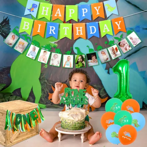 Vista 3 de Sursurprise Decoraciones de cumpleaños de One a Saurus, suministros de fiesta de primer cumpleaños de dinosaurio con globos, pancarta para silla