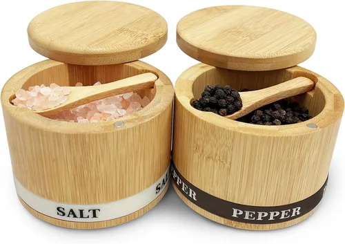 Vista 8 de ThougrLyh Bodega de sal, recipiente de sal de madera de acacia con tapa y cuchara, etiqueta de caja de sal grabada desmontable y cierre magnético