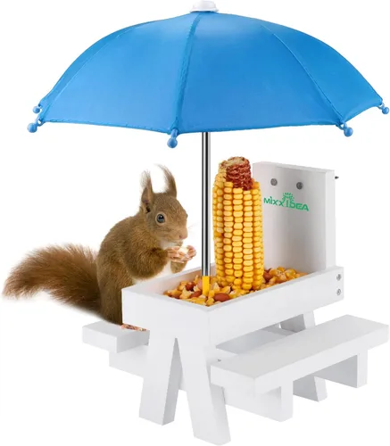 Vista 11 de MIXXIDEA Mesa de Picnic Comedero para Ardillas con Sombrilla Alta, Comederos de Madera para Ardillas para Exterior, Lindo Comedero para Ardillas