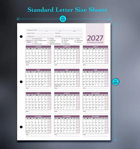 Vista 6 de Attendance Calendar Employee Card Attendance Record Tracker 2027, 50 Sheets