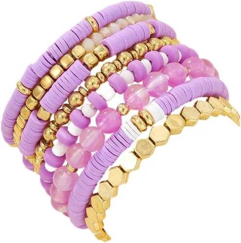 Vista 10 de Caiyao Juego de pulseras apilables de arcilla con corazón multicapa de Bohemia, pulseras elásticas con cuentas doradas de arcilla Heishi para Verde