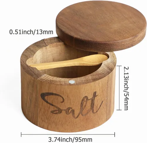 Vista 2 de Cajas de especias de madera de acacia con cubierta giratoria para encimera de cocina, conservador de sal con cuchara integrada, moderno decorador