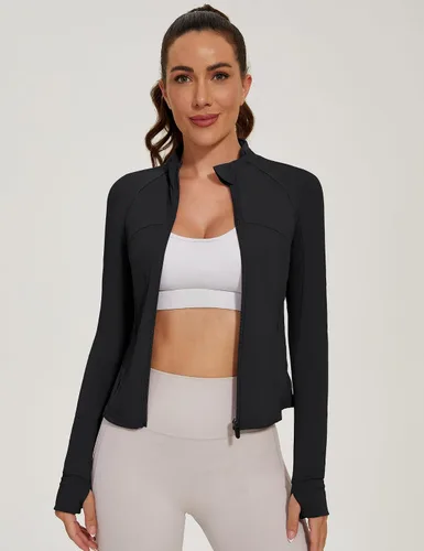Vista 2 de LOMON Chaqueta atlética con cremallera completa para mujer, ligera, para entrenamiento, correr, yoga, con agujeros para el pulgar