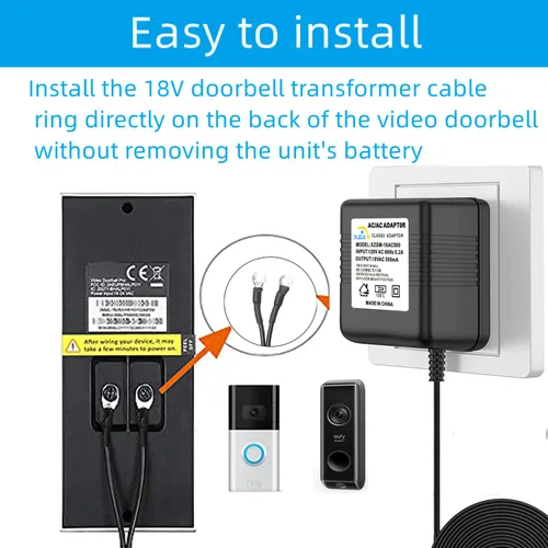 Vista 3 de Timbre de video negro, transformador de potencia especial, adaptador de corriente para timbre de puerta de 18V500MA, compatible con Ring, Nest
