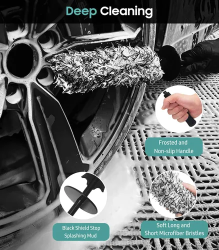 Vista 6 de YeewayVeh Cepillo de limpieza de ruedas de 3 piezas, cepillo limpiador de llantas planas de microfibra con 2 cubiertas extra reemplazables, kit