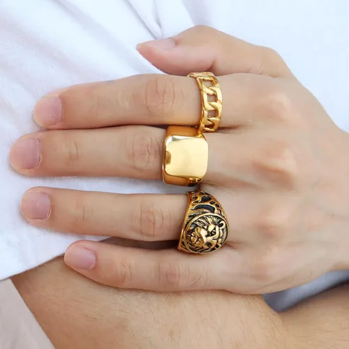 Vista 5 de HANPABUM 3 anillos chapados en oro de 14 quilates para hombres y mujeres, anillo grueso de eslabones cubanos, talla 7-15, Oro