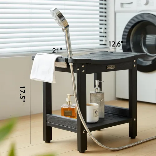 Vista 2 de Banco de ducha para afeitarse las piernas, taburete de ducha impermeable para ducha interior con asas y soporte para cabezal de ducha, silla de Negro