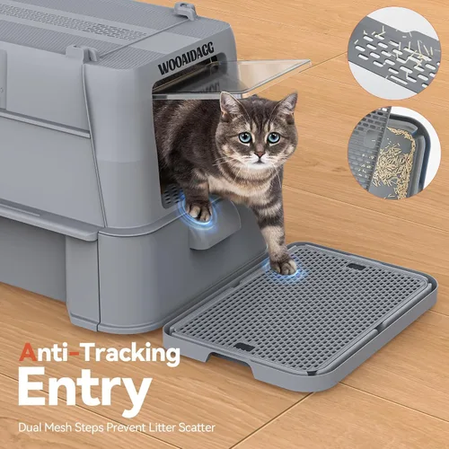 Vista 7 de Wooaidagg - Caja de arena cerrada de acero inoxidable para gatos con control de olores, diseño modular con cajón y puerta abatible, fácil de limpiar