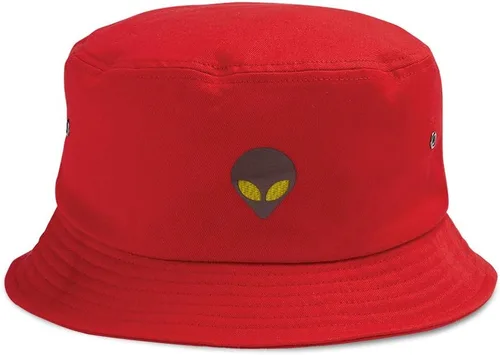 Vista 7 de Custom Bucket Apparel Sombrero Alien Gris Cabeza Ojos Amarillos Bordado para Hombres y Mujeres Solo diseño negro.