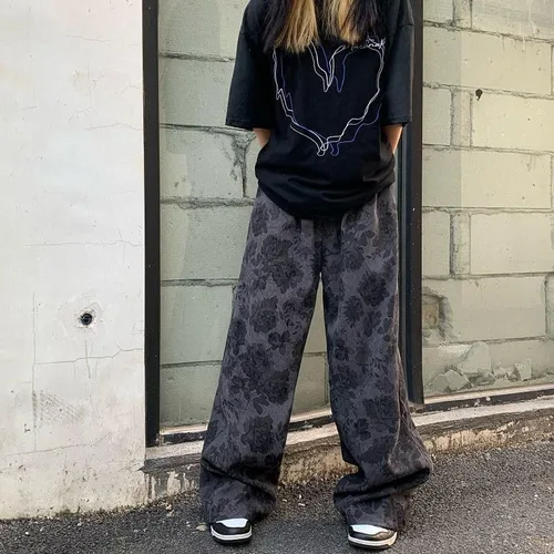 Vista 7 de CYee Grunge Pantalones holgados Y2K Acubi Pantalones de pana pantalones de pana con estampado de rosas Pantalones de pierna ancha Pantalones