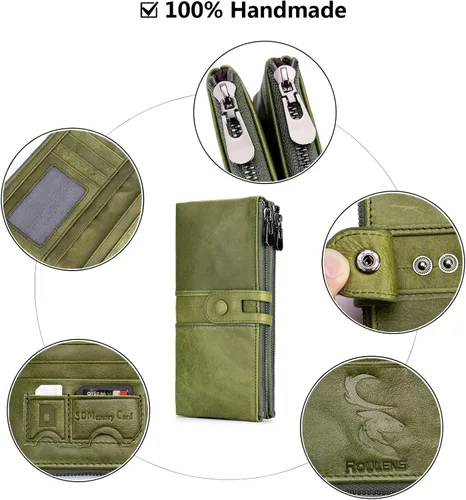 Vista 5 de Roulens Cartera para mujer de gran capacidad de cuero genuino plegable con bloqueo RFID tarjetero con bolsillo con cremallera