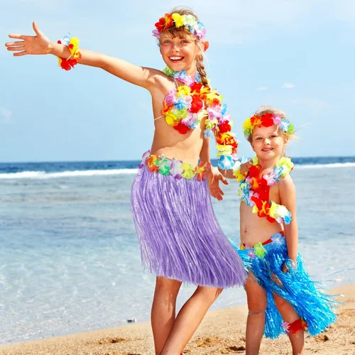 Vista 5 de Garma Juego de faldas de hierba hawaiana para fiesta Luau, 12 faldas hawaianas de Luau Hula 12 diademas y 24 pulseras para suministros de fiesta