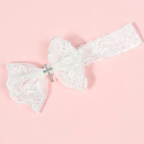 Vista 5 de BBTDIN Diademas de bautizo para bautizo para bebés y niñas, con encaje de flores, lazo blanco BBG11 (B1-Bow con cruz)