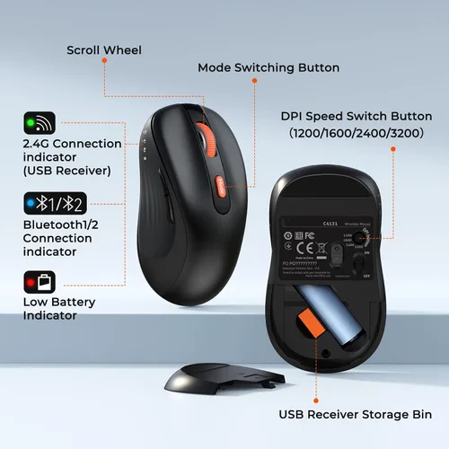 Vista 5 de Teclado y ratón Bluetooth, 2.4G + Bluetooth dual multidispositivo, teclado ergonómico silencioso de tamaño completo con ratón inalámbrico ajustable