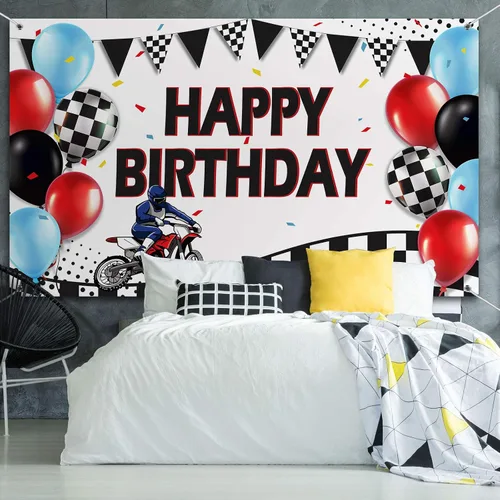 Vista 5 de Sumind Cartel de fondo para decoración de cumpleaños de motocross de carreras de motocross, suministros para fiestas de cumpleaños, 72.8 x 43.3