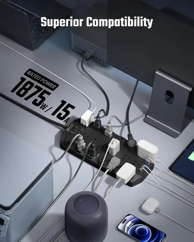 Vista 6 de SUPERDANNY - Regleta protectora de sobretensiones, 18 salidas de CA con 4 puertos USB, 1875W/15A, 2100J, cable de extensión de enchufe plano Negro