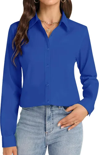 Vista 9 de Camisas con botones J.VER para mujer con cuello elástico y manga larga de algodón, camisa de vestir casual de negocios para el trabajo
