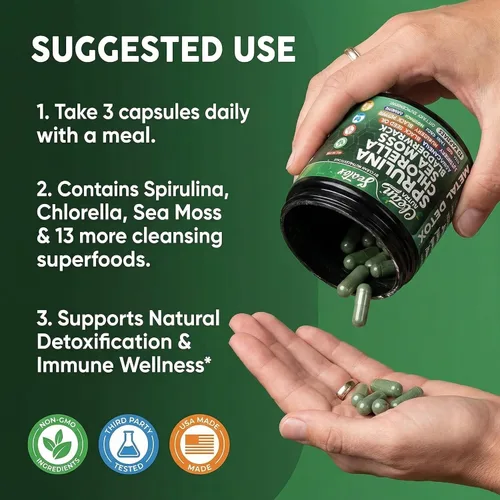 Vista 6 de Sea Tox Cápsulas de Espirulina y Clorella Orgánicas Limpieza Natural y Nutrición Musgo Marino Fucus Clorofila Raíz de Bardana Ashwagandha Cúrcuma 90