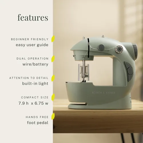 Vista 9 de Hearth & Harbor Minimáquina de coser para principiantes, máquina de coser portátil de doble velocidad pequeña para niños y adultos con mesa