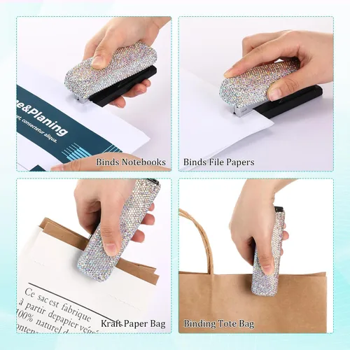 Vista 5 de Yexiya - Grapadora de colores AB para escritorio, con diamantes de imitación, regalo de regreso a clases, capacidad de 20 hojas con 1000 grapas
