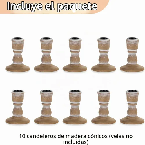 Vista 3 de NUPTIO Portavelas Decorativo: Juego de 10 Portavelas de Madera Marrón Vintage - Portavelas Cónicos Cortos Bohemios a Granel para Decoración de Mesa