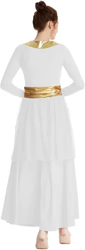 Vista 6 de MYRISAM Mujeres Alabanza Bata de Baile Culto Litúrgico Cintura Metálico Vestido de Manga Larga Falda de Gasa Traje Lírico