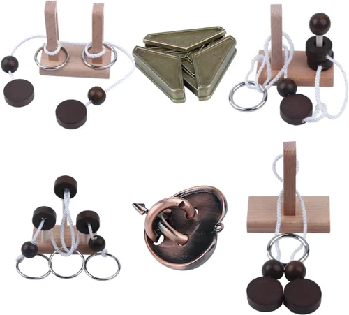 Vista 8 de Rompecabezas de madera para enhebrar la cuerda, rompecabezas de lazo Luban Lock Brain Teaser, juego para adultos y niños (4)