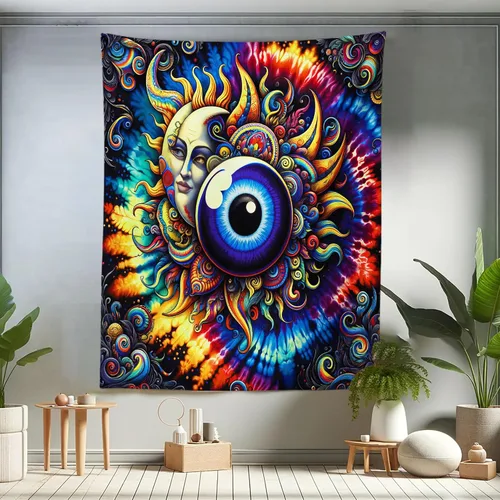 Vista 164 de Ambesonne Tapiz de hongos, atmósfera psicodélica, escena astral estrellada con motivos orientales trippy, decoración de tela para colgar en la pared