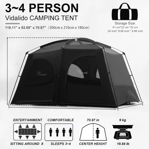 Vista 4 de Vidalido Tiendas de campaña, tienda de campaña para 3 a 4 personas con vestíbulo extendido, tiendas familiares resistentes a la intemperie