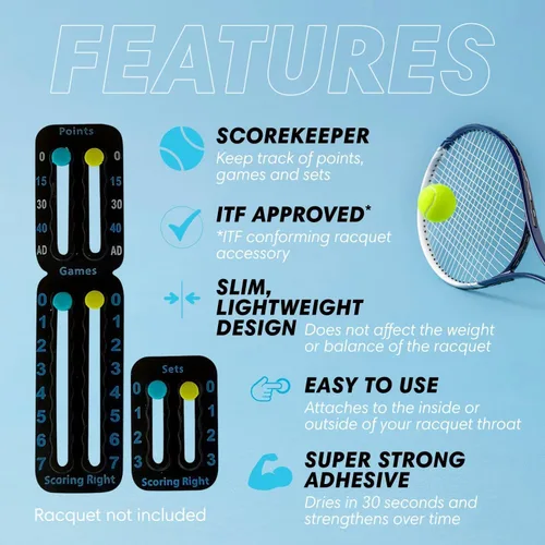 Vista 4 de Scoring Right Portable Tennis Racket and Padel Scorekeeper, Easily Mounted Small Score Board to Keep Score of Points, Games, and Sets, ITF