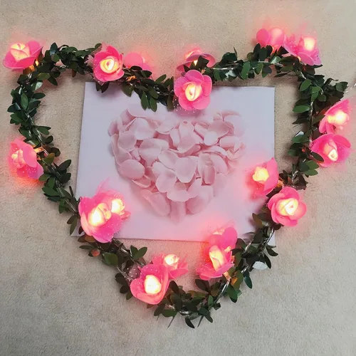 Vista 3 de Guirnalda de luces de encaje de rosas y vides, guirnalda de flores de espuma artificial, luz blanca cálida, funciona con pilas, para el día de San