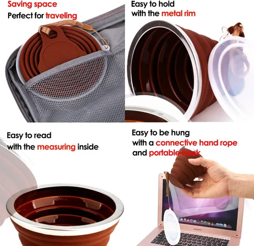 Vista 5 de ME.FAN Taza de viaje plegable de silicona - Taza de camping plegable con tapas de silicona - Juego de tazas de beber expandibles - Portátil