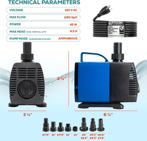 Vista 9 de Aqua Dream Bomba de agua anfibia de 634 GPH – Bomba externa sumergible o en línea de 35 W con eje de cerámica resistente a la corrosión, elevación