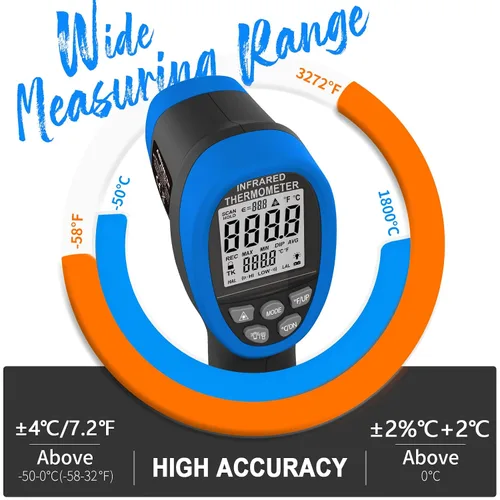 Vista 4 de AIOMEST Pirómetro digital AI-1800 DS 50:1, pistola termómetro infrarroja sin contacto para medición de alta temperatura sin contacto -58 ~ 3,272 ℉
