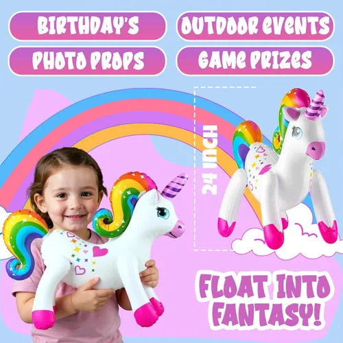 Vista 4 de Decoraciones inflables de fiesta de unicornio – (paquete de 4) 24 pulgadas – Unicornios grandes de arco iris inflables para decoraciones