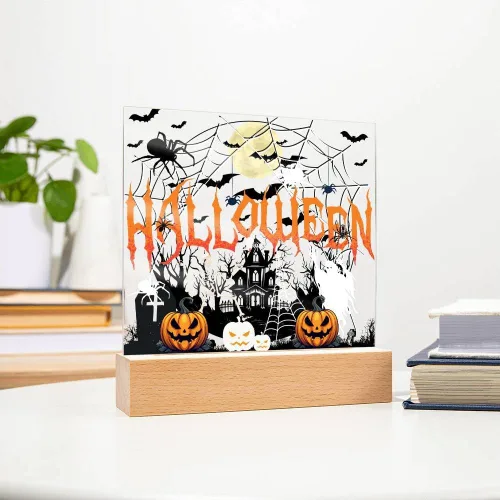 Vista 4 de Lámpara de Halloween espeluznante con decoración de luz nocturna con temática de araña y esqueleto, escena de castillo fantasma para una experiencia