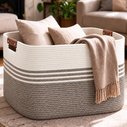 Vista 10 de DOFASAYI Cesta de Ropa Sucia - Cesta de Lavandería Grande de 85L con Asas de Cuero, Cesta de Almacenamiento Decorativa para Mantas - Cesta de Ropa