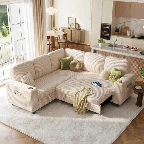 Vista 10 de LINSY HOME Sofá cama modular extraíble para sala de estar (beige, sofá cama 1) Sofá cama extraíble, almacenamiento, carga USB, portavasos, pana